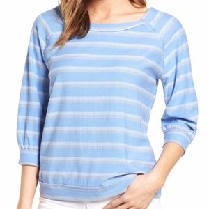 Caslon Back Button Pullover Top Blouse Blue Stripe